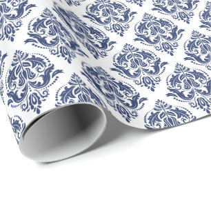 Blue On White Vintage Damasks Pattern Wrapping Paper