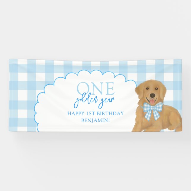 Blue One Golden Year Retriever Puppy 1st Birthday Banner (Horizontal)