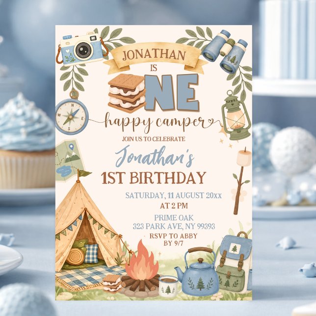 Blue One Happy Camper First Birthday Invitation (Creator Uploaded)