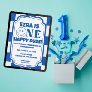 Blue One Happy Dude birthday Invitation