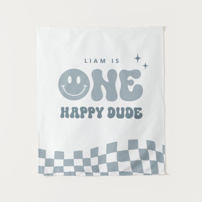 Blue ONE Happy Dude Birthday Party Tapestry (Front)