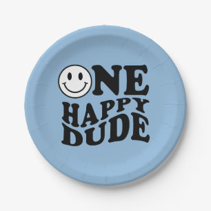 Blue One Happy Dude Preppy Smile 1st Birthday Paper Plate