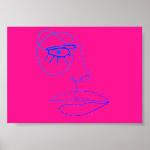 Blue One Line Face Art Poster
