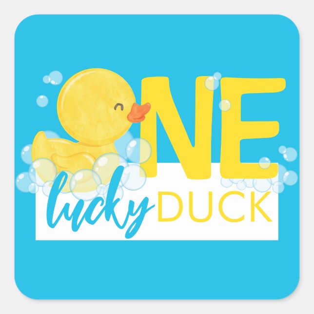 Blue One Lucky Duck 1st Birthday Party Square Sticker (Front)