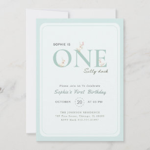Blue One Silly Duck Bow Baby First Birthday Invitation