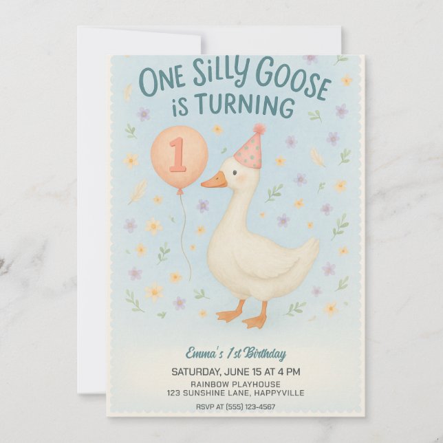 Blue One Silly Goose 1st Birthday For Girls Invitation (Front)