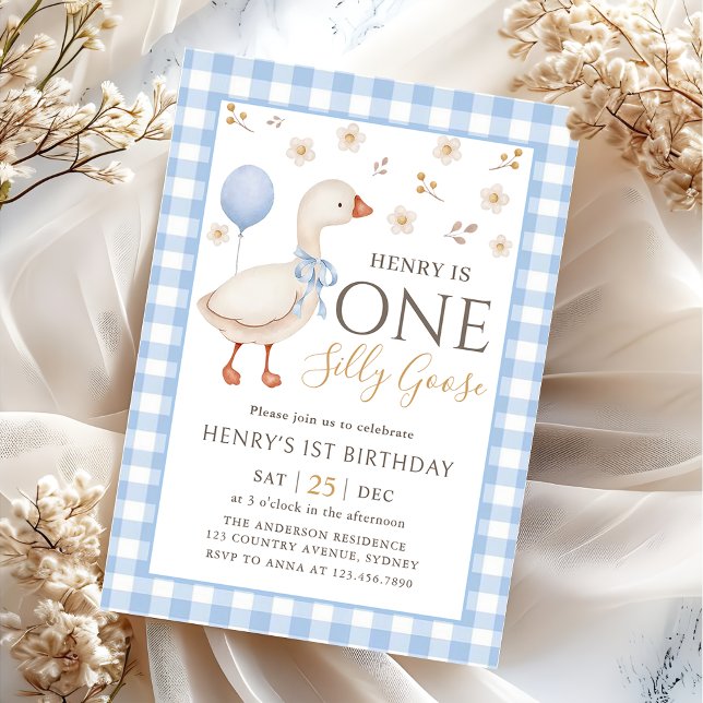 Blue One Silly Goose 1st Birthday Invitation (Creator Uploaded)