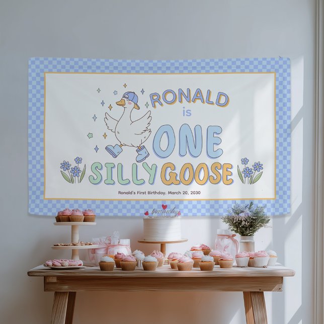 Blue One Silly Goose - First Birthday Backdrop Banner (Blue One Silly Goose - Retro style Girl First Birthday Backdrop Banner- 1st Birthday decor.)