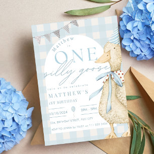 Blue One Silly Goose Gingham 1st Birthday Invitation
