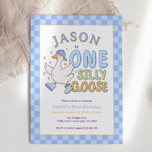Blue One Silly Goose - Retro Boy First Birthday Invitation
