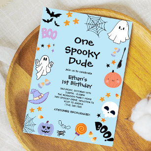 Blue One Spooky Dude Ghost Halloween 1st Birthday Invitation
