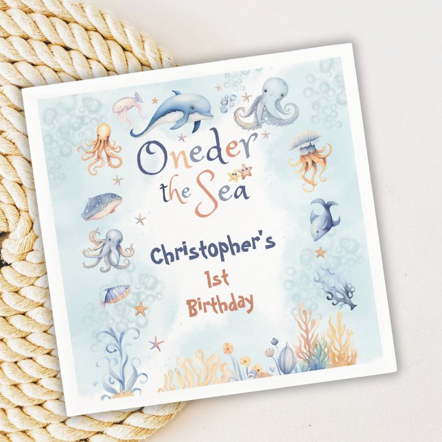 Blue Oneder the sea boys 1st birthday Napkin (Creator Uploaded)