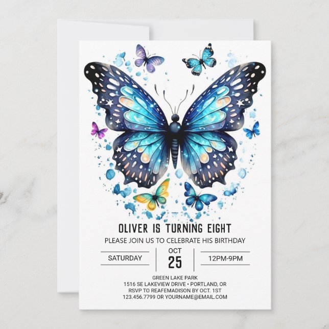 Blue Online Butterfly Boy Birthday Invitation (Front)