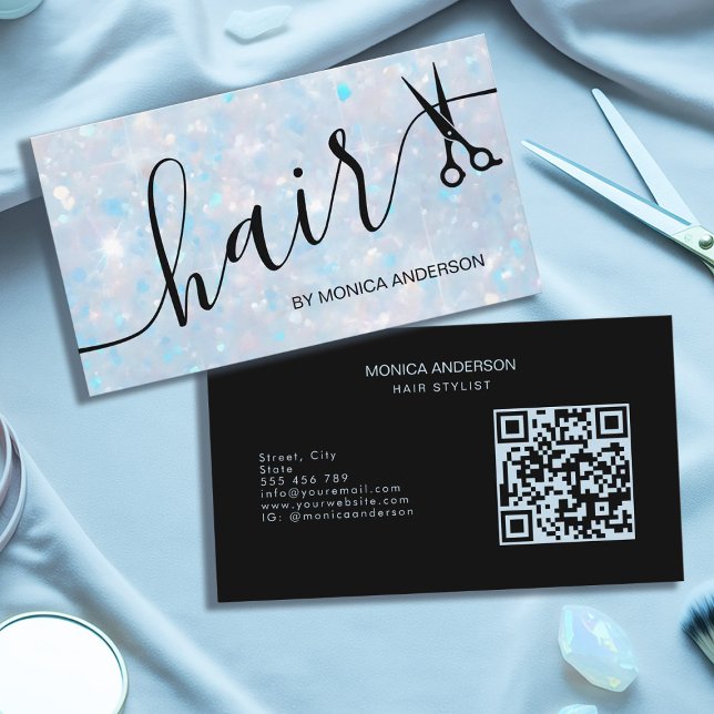 Blue Opal Glitter Hair Script Scissors QR Code Business Card (Blue Opal Glitter Hair Script Scissors QR Code Business Card)