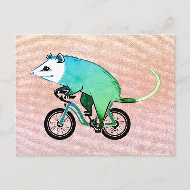 Blue Opossum Riding A Bicycle Invitation Postcard (Front)