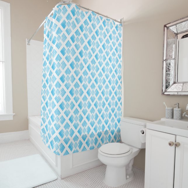 Blue or Any Colour Lattice Linen Texture Pattern Shower Curtain (In Situ)