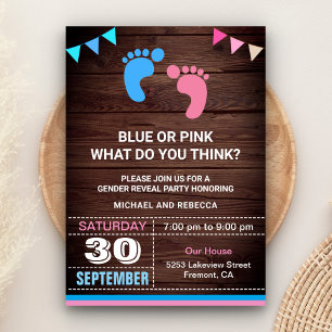 Blue or Pink Baby Footprints Gender Reveal Party Invitation