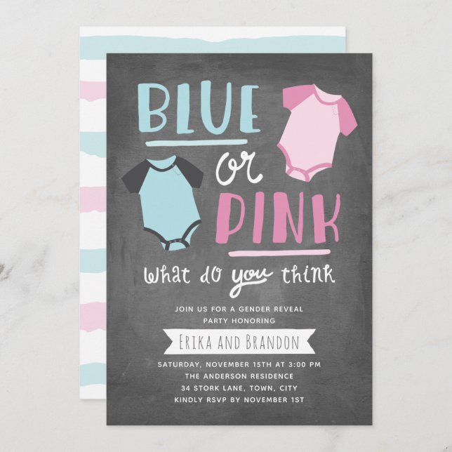 Blue or Pink Baby Gender Reveal Party Chalkboard Invitation (Front/Back)