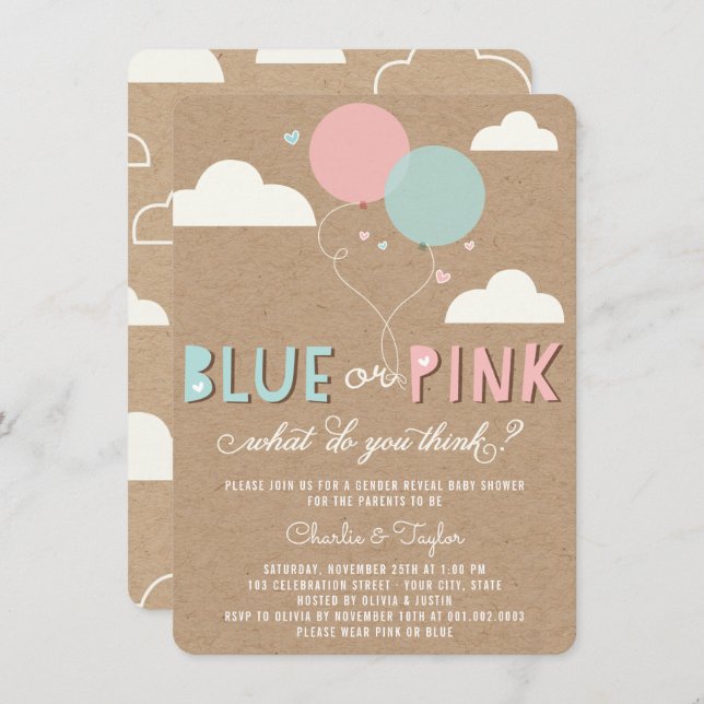 Blue or Pink Baby Gender Reveal Party Invite (Front/Back)