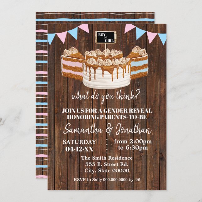 Blue or Pink Cake Gender Reveal Baby Shower Invitation (Front/Back)