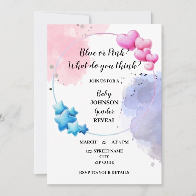 Blue or pink gender reveal invitation (Front)