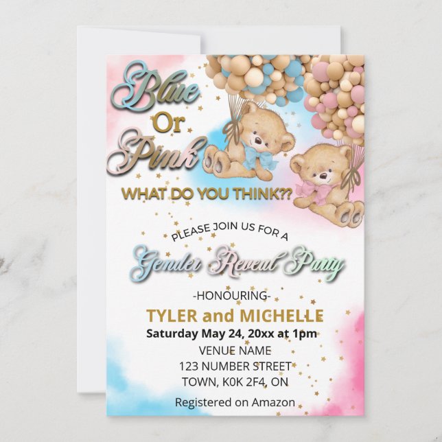 Blue or Pink Gender Reveal Teddy Bear Invitation (Front)