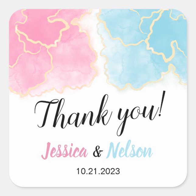 Blue or pink gender reveal thank you stickers (Front)