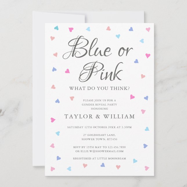 Blue Or Pink Hearts Gender Reveal Party Invitation (Front)