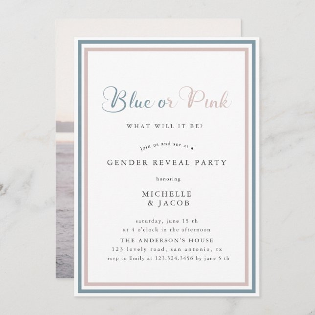 Blue or pink modern Gender Reveal Invitation (Front/Back)