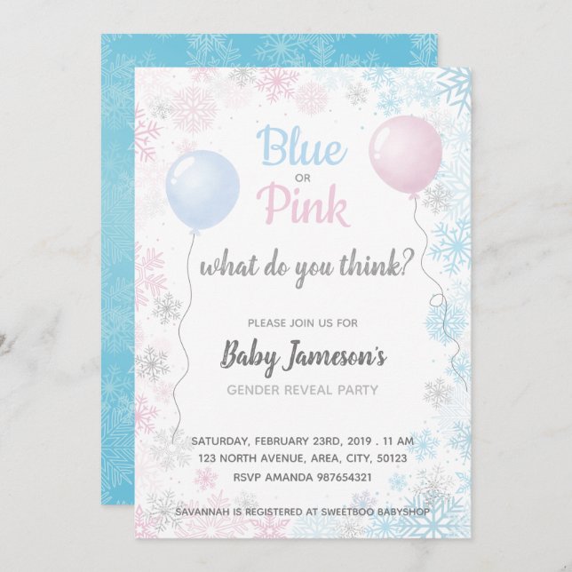 Blue or Pink Snowflakes Gender Reveal Baby Shower Invitation (Front/Back)