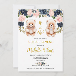 Blue or Pink Teddy Bear Gender Reveal Party Invitation