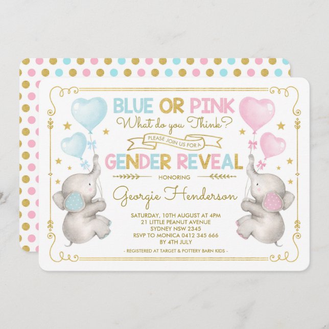 Blue or Pink Twins Elephant Gender Reveal Baby Invitation (Front/Back)
