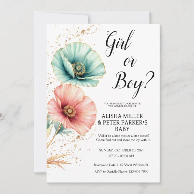 Blue or Pink Watercolor Gender Reveal Invitation (Front)