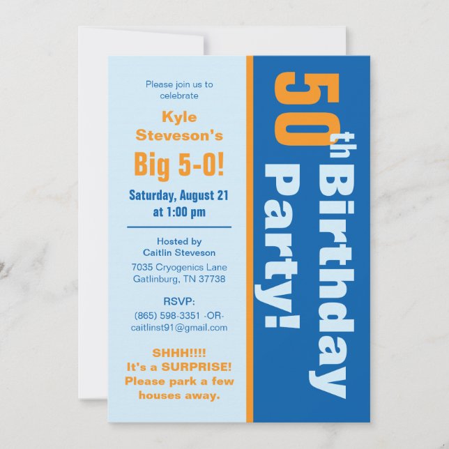 Blue & Orange 50th Birthday Party Invitation (Front)