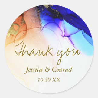 Blue Orange Abstract Wedding Thank You Classic Round Sticker