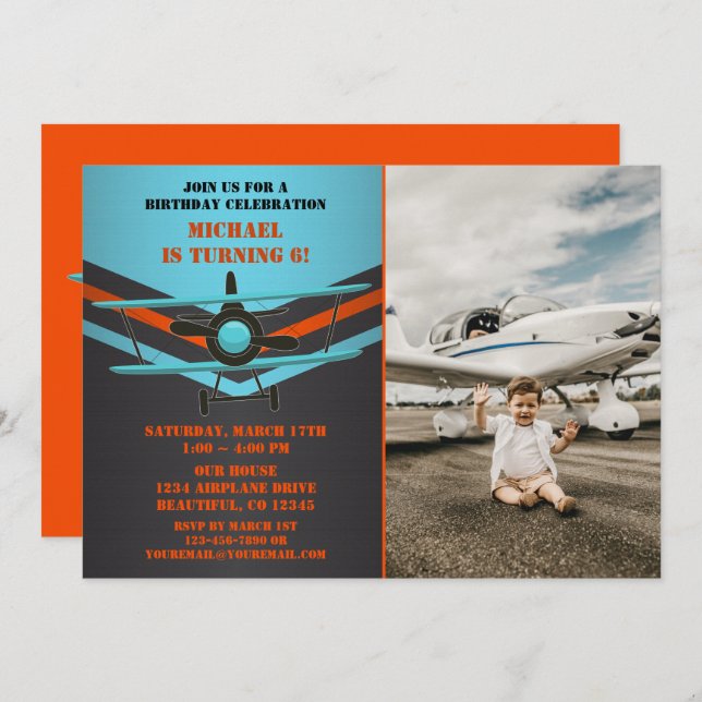 Blue, Orange Aeroplane Aviation Biplane Birthday Invitation (Front/Back)