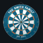 Blue, Orange and Aqua Family Dartboard with Darts<br><div class="desc">Blue,  orange and aqua dart board with two custom text areas. Great wedding gift!</div>
