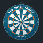 Blue, Orange and Aqua Family Dartboard with Darts<br><div class="desc">Blue,  orange and aqua dart board with two custom text areas. Great wedding gift!</div>