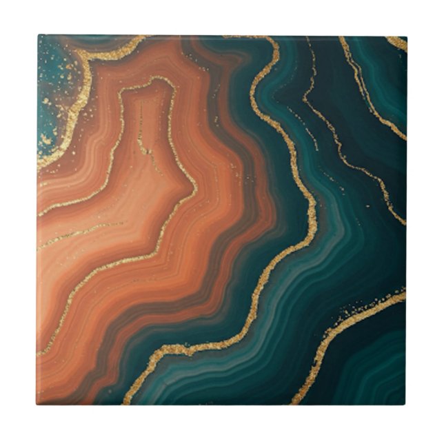 Blue Orange and Gold Geode-Inspired Ceramic Tile (Front)
