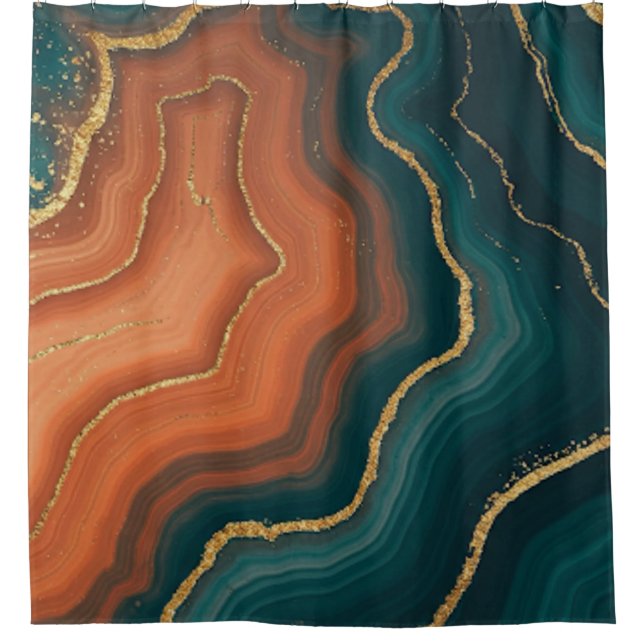 Blue Orange and Gold Geode-Inspired Shower Curtain (Front)