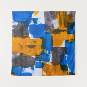 Blue, orange, and gray abstract art tapestry