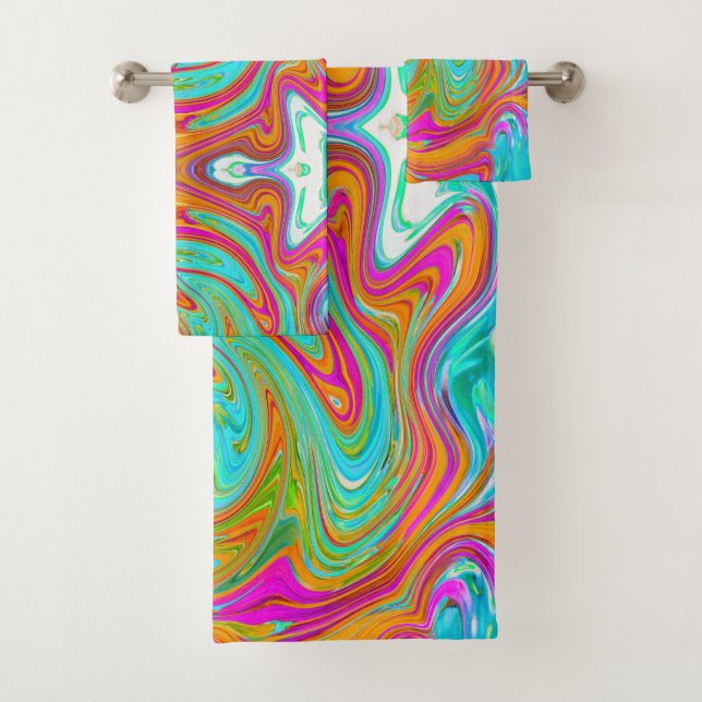 Blue, Orange and Hot Pink Groovy Abstract Retro Bath Towel Set (Insitu)