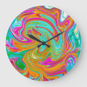 Blue, Orange and Hot Pink Groovy Abstract Retro Large Clock