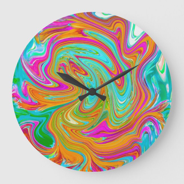 Blue, Orange and Hot Pink Groovy Abstract Retro Large Clock (Front)