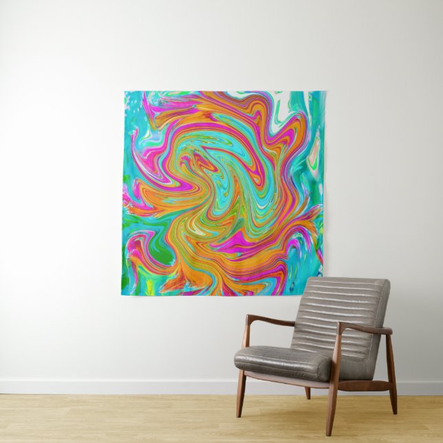 Blue, Orange and Hot Pink Groovy Abstract Retro Tapestry (In Situ)