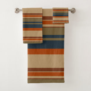 Blue orange and olive stripes bath towel set