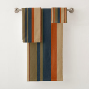 Blue orange and olive stripes bath towel set