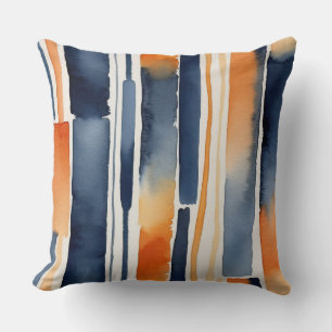 Blue orange and white abstract stripes cushion