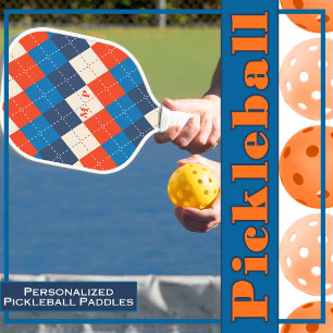 Blue, Orange, and White Preppy, Sporty Argyle Pickleball Paddle