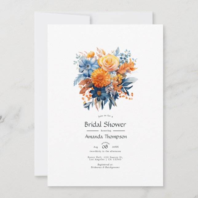 Blue, Orange and Yellow Floral Bridal Shower Invitation (Front)